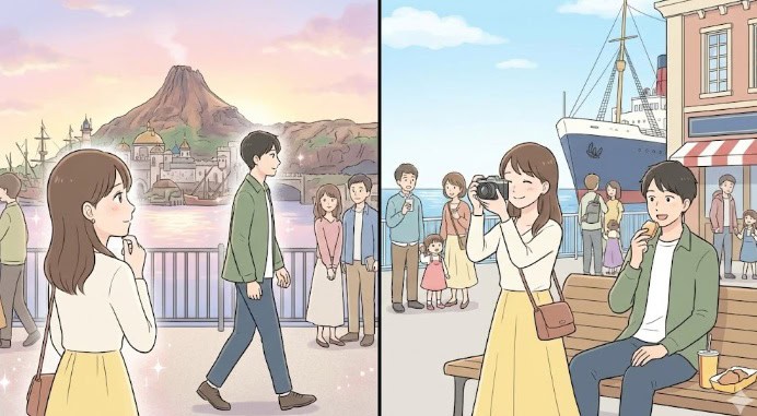 ディズニーシーでのロマンチックな出会いを期待する幻想のシーンと、それぞれ一人でパークを楽しむ現実のシーンを対比させたイラスト。
